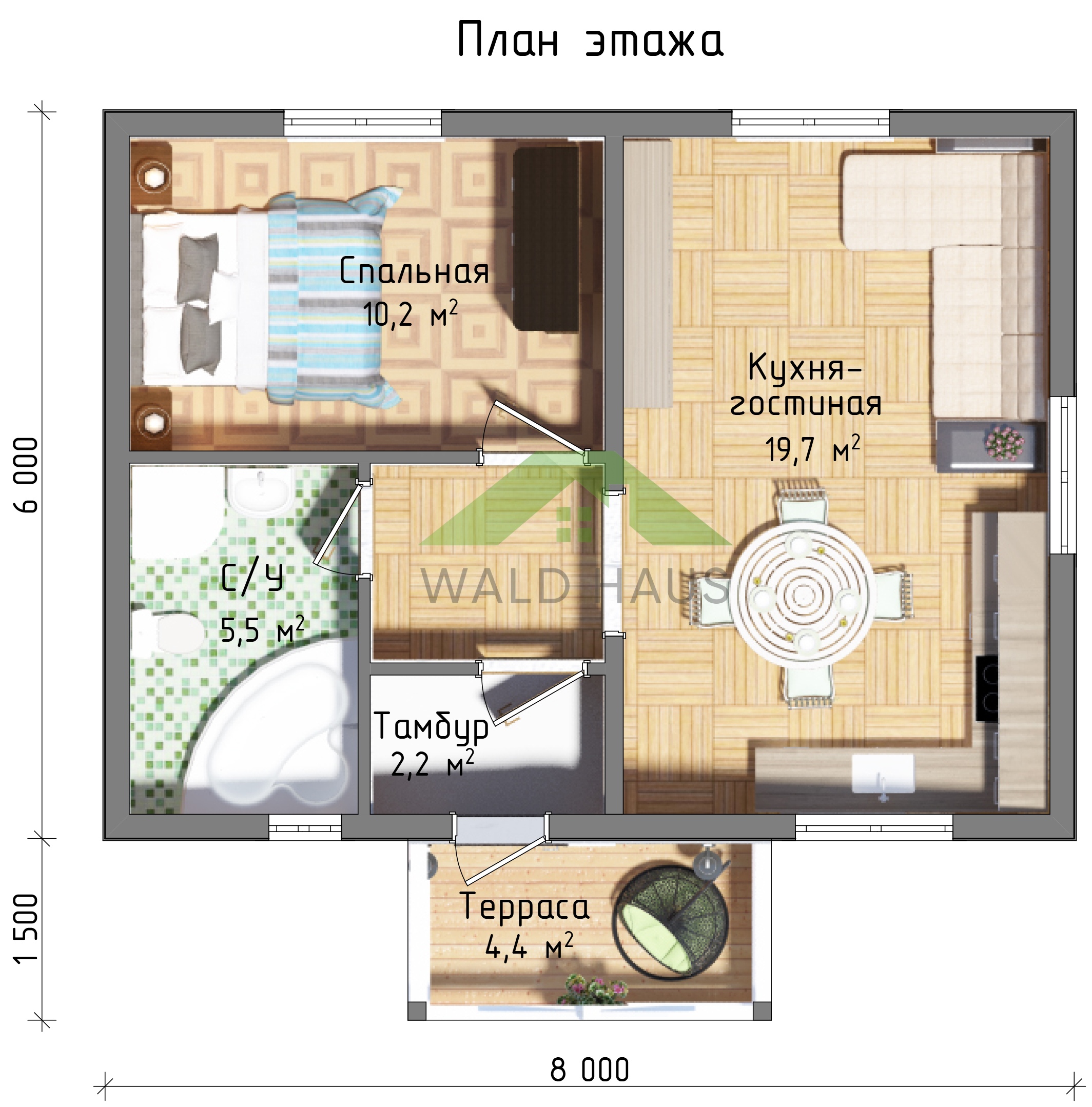 Одноэтажный каркасный дом 6 на 10 (терраса 1,5 на 3,0)